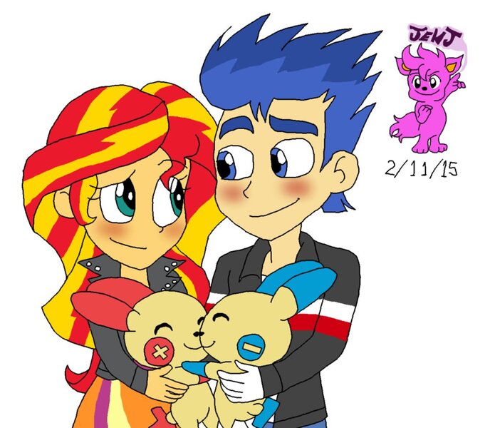 Size: 957x835 | Tagged: safe, artist:resotii, banned from derpibooru, deleted from derpibooru, derpibooru import, flash sentry, sunset shimmer, minun, plusle, equestria girls, blushing, crossover, female, flashimmer, male, pokémon, shipping, straight