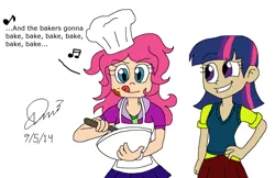 Size: 1024x665 | Tagged: safe, artist:resotii, banned from derpibooru, deleted from derpibooru, derpibooru import, pinkie pie, twilight sparkle, human, cooking, female, human coloration, humanized, lesbian, parody, shipping, taylor swift, tongue out, twinkie