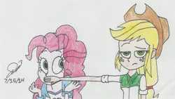 Size: 1024x577 | Tagged: safe, artist:resotii, banned from derpibooru, deleted from derpibooru, derpibooru import, applejack, pinkie pie, equestria girls, shut up, traditional art, unamused