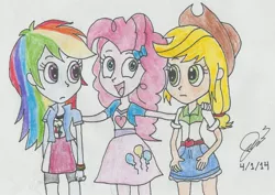 Size: 1024x726 | Tagged: safe, artist:resotii, banned from derpibooru, deleted from derpibooru, derpibooru import, applejack, pinkie pie, rainbow dash, equestria girls, parody, the amazing world of gumball, traditional art
