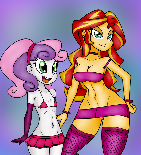 Size: 1137x1244 | Tagged: suggestive, artist:reiduran, banned from derpibooru, color edit, deleted from derpibooru, derpibooru import, edit, sunset shimmer, sweetie belle, equestria girls, bimbo, breasts, busty sunset shimmer, clothes, colored, delicious flat chest, implied foalcon, lolicon, miniskirt, skirt, slutty sunset shimmer, this will end in jail time, underage
