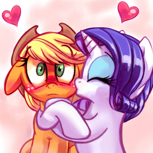 Size: 512x512 | Tagged: safe, artist:whitediamonds, banned from derpibooru, deleted from derpibooru, derpibooru import, edit, applejack, rarity, blushing, cute, female, floppy ears, kissing, lesbian, rarijack, shipping