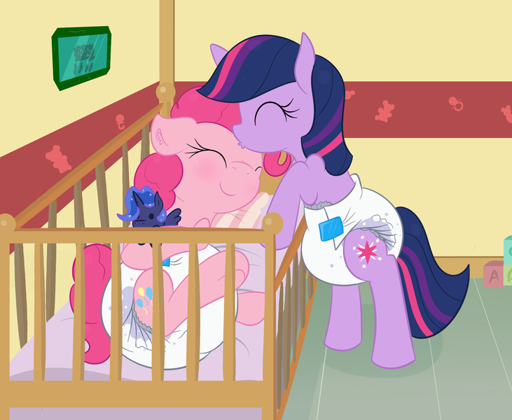 Size: 1603x1315 | Tagged: questionable, artist:vitriolink, banned from derpibooru, deleted from derpibooru, derpibooru import, pinkie pie, princess luna, twilight sparkle, adult foal, crib, diaper, diaper fetish, fetish, plushie, poofy diaper