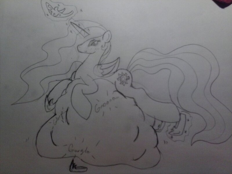 Size: 1024x768 | Tagged: questionable, artist:pokeman-114, banned from derpibooru, deleted from derpibooru, derpibooru import, princess celestia, belly, digestion, monochrome, princess vorestia, stomach noise, traditional art, vore