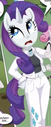 Size: 316x777 | Tagged: safe, artist:bbmbbf, banned from derpibooru, deleted from derpibooru, derpibooru import, rarity, anthro, plantigrade anthro, equestria untamed, belly button, be my special somepony, comic, cropped, midriff, palcomix