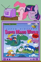 Size: 594x900 | Tagged: safe, banned from derpibooru, deleted from derpibooru, derpibooru import, pinkie pie, twilight sparkle, bear, bird, dolphin, turtle, book, castle, exploitable meme, facehoof, floaty, flying seadragon thingy, german, knight, laughing, meme, nintendo, obligatory pony, parachute, riding, super mario bros., super mario world, super nintendo, tv meme, wat, water, you had one job