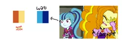 Size: 854x301 | Tagged: safe, banned from derpibooru, deleted from derpibooru, derpibooru import, adagio dazzle, sonata dusk, equestria girls, 1000 hours in ms paint, bacon, facepalm, food, inverted, meat, mind blown, ms paint, shocked, wat