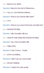 Size: 337x554 | Tagged: safe, banned from derpibooru, deleted from derpibooru, derpibooru import, discord, basketball, chat, chocolate, chocolate milk, cleverbot, gtfo, meme, milk, nba, purple, stupidity, text, text only