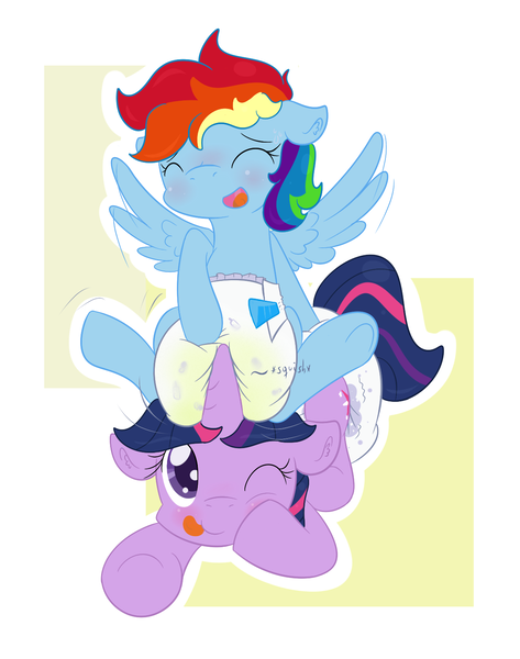 Size: 1223x1550 | Tagged: questionable, artist:vitriolink, banned from derpibooru, deleted from derpibooru, derpibooru import, rainbow dash, twilight sparkle, diaper, diaper fetish, diaper grinding, eyes closed, female, fetish, lesbian, pissing, poofy diaper, shipping, twidash, urine, wet diaper, wetness indicator, wetting