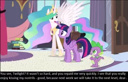 Size: 769x495 | Tagged: suggestive, banned from derpibooru, deleted from derpibooru, derpibooru import, screencap, princess celestia, spike, twilight sparkle, alicorn, double nostrils, meta, nostril fetish, text, twilight sparkle (alicorn)