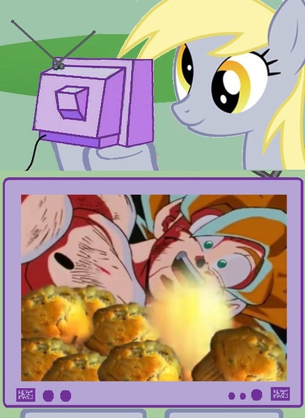 Size: 563x771 | Tagged: safe, banned from derpibooru, deleted from derpibooru, derpibooru import, derpy hooves, dragon ball z, dragonball z abridged, exploitable meme, food, image, jpeg, meme, muffin, muffin button, obligatory pony, son goku, super saiyan, teamfourstar, tv meme