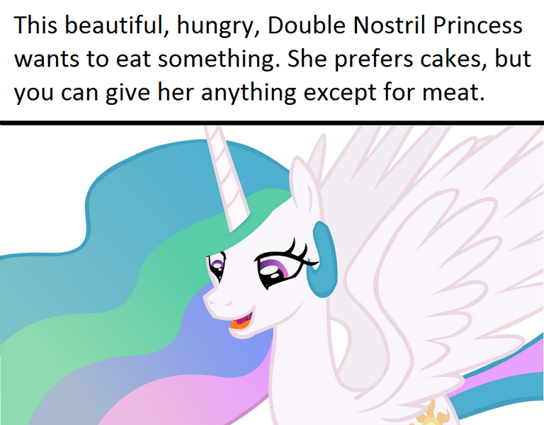 Size: 960x750 | Tagged: safe, banned from derpibooru, deleted from derpibooru, derpibooru import, princess celestia, bronybait, double nostrils, drool, feeding, happy, hungry, meta, missing accessory, nostril fetish, open mouth, solo, text, vector