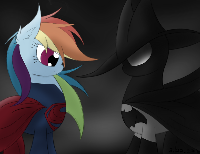 Size: 1300x1000 | Tagged: safe, artist:onlytheponies, banned from derpibooru, deleted from derpibooru, derpibooru import, mare do well, rainbow dash, the mysterious mare do well, batman, batmare, superman, supermare