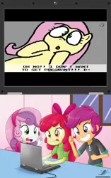 Size: 1229x1956 | Tagged: suggestive, artist:pokehidden, artist:the-butch-x, banned from derpibooru, deleted from derpibooru, derpibooru import, edit, apple bloom, fluttershy, scootaloo, sweetie belle, banned from equestria daily, equestria girls, :o, computer, cross-eyed, crusaders on laptop meme, cutie mark crusaders, exploitable meme, impregnation, laptop computer, meme, on back, open mouth, wide eyes