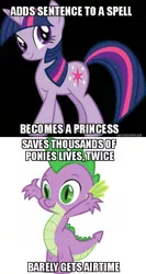 Size: 424x800 | Tagged: safe, artist:thejedibrony, banned from derpibooru, deleted from derpibooru, derpibooru import, screencap, spike, twilight sparkle, magical mystery cure, the crystal empire, drama, meme, spike drama