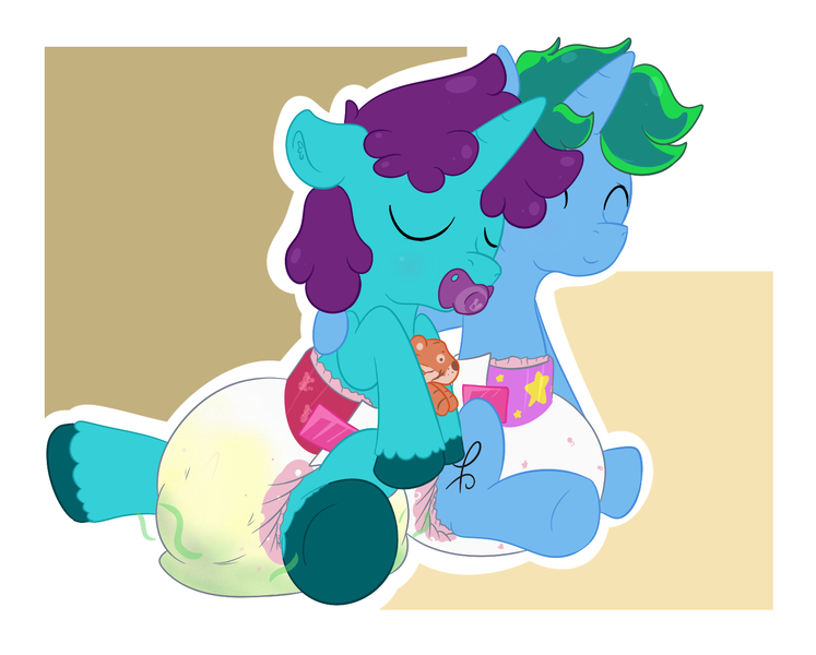 Size: 1501x1205 | Tagged: questionable, artist:vitriolink, banned from derpibooru, deleted from derpibooru, derpibooru import, oc, oc:bonded friendship, oc:vitriol ink, unofficial characters only, diaper, diaper fetish, fetish, hug, messy diaper, pacifier, poofy diaper, poop, scat, sleeping, stink lines, urine, wet diaper