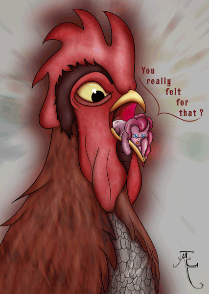 Size: 2000x2813 | Tagged: questionable, artist:aegwinn, banned from derpibooru, deleted from derpibooru, derpibooru import, pinkie pie, bird, chicken, april fools, drool, fetish, giant cock, grammar error, literal, looking at you, :o, open mouth, pun, rooster, unamused, visual pun, vore