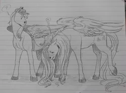Size: 932x692 | Tagged: safe, artist:tegechu, banned from derpibooru, deleted from derpibooru, derpibooru import, derpy hooves, fluttershy, pegasus, pony, derpyshy, female, lesbian, lined paper, mare, monochrome, shipping, sketch, traditional art