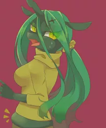 Size: 1200x1440 | Tagged: safe, artist:kkmrarar, banned from derpibooru, deleted from derpibooru, derpibooru import, queen chrysalis, anthro, clothes, midriff, muffin top, pixiv, plump, solo, sweater