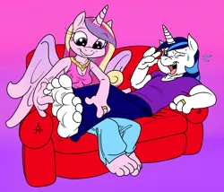 Size: 1280x1098 | Tagged: safe, artist:ced75, artist:kuroi-wolf, banned from derpibooru, deleted from derpibooru, derpibooru import, princess cadance, shining armor, anthro, barefoot, crying, cute, feet, female, fetish, foot fetish, good clean married tickles, laughing, male, shining adorable, shiningcadance, shipping, straight, sweat, tickling