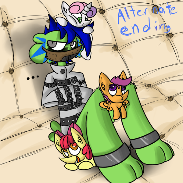 Size: 1280x1280 | Tagged: semi-grimdark, artist:php10, banned from derpibooru, deleted from derpibooru, derpibooru import, apple bloom, scootaloo, sweetie belle, oc, oc:php10, anthro, alternate ending, bondage, cutie mark crusaders, good end, padded cell, straitjacket, unsexy bondage