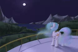 Size: 2400x1600 | Tagged: safe, artist:bakasan, banned from derpibooru, deleted from derpibooru, derpibooru import, princess celestia, balcony, lake, mare in the moon, moon, night, scenery, solo