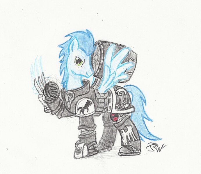 Size: 1697x1473 | Tagged: safe, artist:sensko, banned from derpibooru, deleted from derpibooru, derpibooru import, soarin', ponified, pegasus, pony, armor, crossover, hoof blades, jetpack, lightning claw, male, pencil drawing, power armor, raised hoof, raven guard, solo, space marine, stallion, traditional art, warhammer (game), warhammer 30k, warhammer 40k