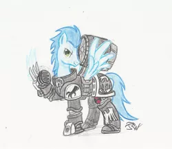 Size: 1697x1473 | Tagged: safe, artist:sensko, banned from derpibooru, deleted from derpibooru, derpibooru import, soarin', ponified, pegasus, pony, armor, crossover, hoof blades, jetpack, lightning claw, male, pencil drawing, power armor, raised hoof, raven guard, solo, space marine, stallion, traditional art, warhammer (game), warhammer 30k, warhammer 40k
