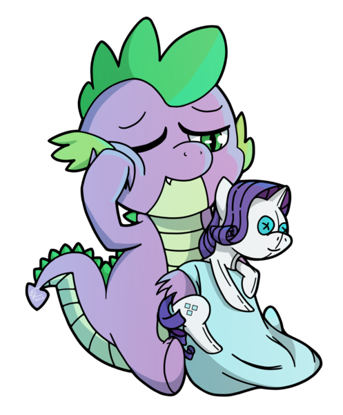 Size: 1024x1237 | Tagged: safe, artist:foreverroseify, banned from derpibooru, deleted from derpibooru, derpibooru import, rarity, spike, castle sweet castle, blanket, rarity plushie, simple background, sleepy, transparent background