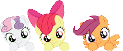 Size: 1018x426 | Tagged: safe, artist:creshosk, banned from derpibooru, deleted from derpibooru, derpibooru import, apple bloom, scootaloo, sweetie belle, animated, cute, cutie mark crusaders, headbob, heart attack