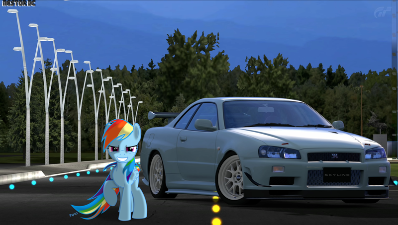 Size: 2478x1402 | Tagged: safe, artist:nestordc, banned from derpibooru, deleted from derpibooru, derpibooru import, rainbow dash, car, gran turismo, nissan, nissan skyline, skyline r34, solo