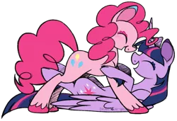 Size: 1173x804 | Tagged: safe, artist:selective-yellow, banned from derpibooru, deleted from derpibooru, derpibooru import, pinkie pie, twilight sparkle, twilight sparkle (alicorn), alicorn, cloven hooves, cuddling, eyes closed, female, laughing, lesbian, on back, shipping, simple background, snuggling, transparent background, twinkie