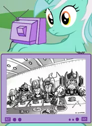 Size: 563x769 | Tagged: safe, banned from derpibooru, deleted from derpibooru, derpibooru import, edit, lyra heartstrings, chopsticks, daltanious, danguard ace, exploitable meme, food, galaxy cyclone braiger, meme, noodles, obligatory pony, robots, tosho daimos, trider g7, tv meme