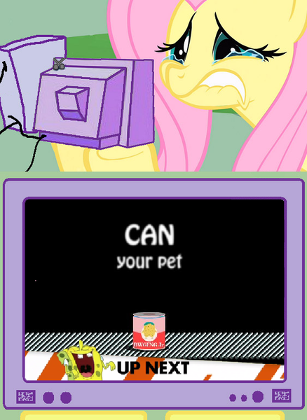 Size: 563x771 | Tagged: safe, banned from derpibooru, deleted from derpibooru, derpibooru import, fluttershy, can your pet, crying, exploitable meme, fluttercry, image, inappropriate timing spongebob banner, meme, obligatory pony, png, spongebob laughs at your misery, spongebob squarepants, spongebob squarepants (character), tv meme, video game