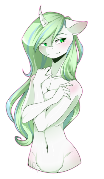 Size: 721x1240 | Tagged: questionable, artist:harmoniousrain, banned from derpibooru, deleted from derpibooru, derpibooru import, oc, oc:emerald mist, unofficial characters only, anthro, unicorn, anthro oc, belly button, breasts, cleavage, coy, crossed arms, female, nudity, shy, solo, solo female
