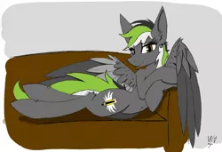 Size: 3983x2721 | Tagged: safe, artist:wingedthoughts, banned from derpibooru, deleted from derpibooru, derpibooru import, oc, oc:graphite sketch, pegasus, couch, female, looking at you, mare, piercing, pose, wings