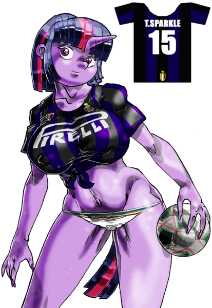 Size: 688x1000 | Tagged: suggestive, artist:davide76, banned from derpibooru, deleted from derpibooru, derpibooru import, twilight sparkle, anthro, breasts, busty twilight sparkle, fc internazionale milano, female, football, nail polish, solo, solo female, sports