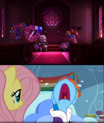 Size: 614x729 | Tagged: semi-grimdark, banned from derpibooru, deleted from derpibooru, derpibooru import, edit, screencap, fluttershy, rainbow dash, tanks for the memories, balloon, carl fredricksen, casket, church, crying, death, exploitable meme, implied death, meme, obligatory pony, time to say goodbye dash, up, you're doing it wrong