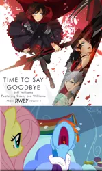 Size: 576x969 | Tagged: safe, banned from derpibooru, deleted from derpibooru, derpibooru import, fluttershy, rainbow dash, cinder fall, crescent rose, emerald sustrai, mercury black, meta, obligatory pony, pun, ruby rose, rwby, time to say goodbye, time to say goodbye dash