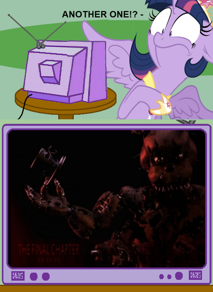 Size: 563x771 | Tagged: safe, banned from derpibooru, deleted from derpibooru, derpibooru import, twilight sparkle, alicorn, crossover, exploitable meme, five nights at freddy's, five nights at freddy's 4, freddy fazbear, meme, nightmare freddy, obligatory pony, the ride never ends, tv meme, twilight sparkle (alicorn)