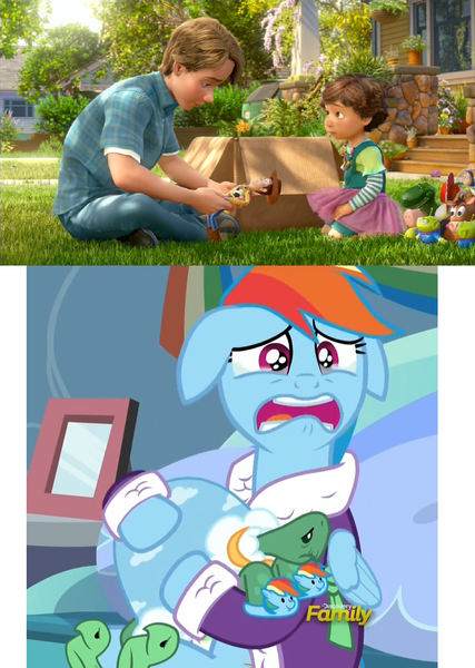 Size: 1200x1685 | Tagged: safe, banned from derpibooru, deleted from derpibooru, derpibooru import, screencap, rainbow dash, tank, tanks for the memories, clothes, dashie slippers, meme, slippers, tank slippers, time to say goodbye dash, toy story, toy story 3, woody