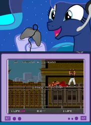 Size: 563x769 | Tagged: safe, banned from derpibooru, deleted from derpibooru, derpibooru import, princess luna, gamer luna, arcade, bad dudes, exploitable meme, gamer meme, meme, obligatory pony, tv meme