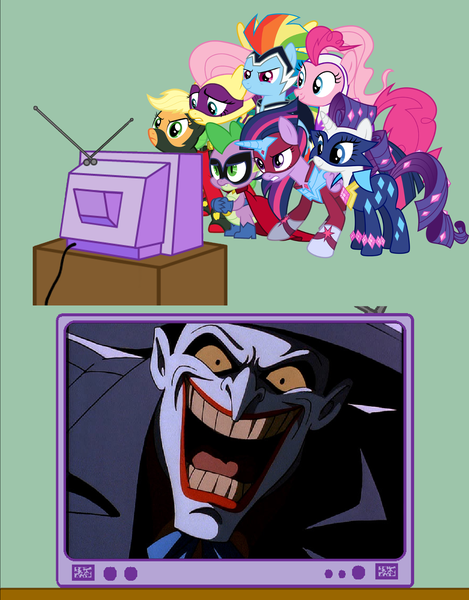 Size: 1200x1534 | Tagged: safe, banned from derpibooru, deleted from derpibooru, derpibooru import, applejack, fluttershy, pinkie pie, rainbow dash, rarity, spike, twilight sparkle, exploitable meme, joker, meme, obligatory pony, power ponies, tv meme