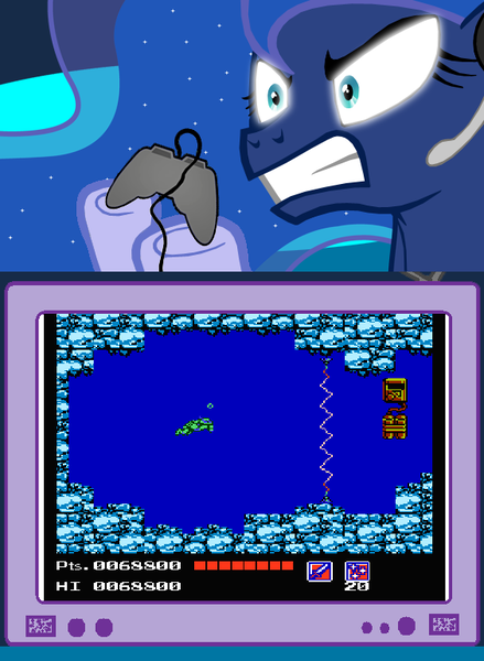 Size: 563x769 | Tagged: safe, banned from derpibooru, deleted from derpibooru, derpibooru import, princess luna, gamer luna, exploitable meme, gamer meme, meme, nintendo entertainment system, obligatory pony, rage, teenage mutant ninja turtles (game), that one level, tv meme, water levels