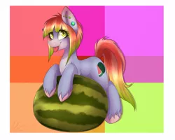Size: 998x800 | Tagged: safe, artist:harmoniousrain, banned from derpibooru, deleted from derpibooru, derpibooru import, oc, oc:melon drop, unofficial characters only, food, piercing, solo, tongue out, watermelon