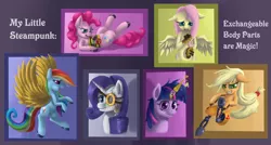 Size: 2498x1339 | Tagged: safe, artist:raedrob, banned from derpibooru, deleted from derpibooru, derpibooru import, applejack, fluttershy, pinkie pie, rainbow dash, rarity, twilight sparkle, cyborg, amputee, modular, prosthetics, steampunk