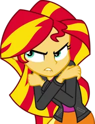 Size: 1024x1337 | Tagged: safe, artist:mustachecashdash, banned from derpibooru, deleted from derpibooru, derpibooru import, sunset shimmer, equestria girls, angry, clothes, hand, jacket, lip bite, rage, simple background, skirt, solo, transparent background, vector