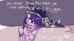 Size: 2048x1131 | Tagged: safe, artist:imarieu, banned from derpibooru, deleted from derpibooru, derpibooru import, spike, twilight sparkle, twilight sparkle (alicorn), alicorn, pony, female, golden oaks library, mare, monochrome, rest in peace