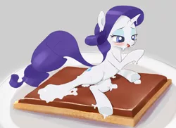 Size: 1280x931 | Tagged: suggestive, artist:dambitail, banned from derpibooru, deleted from derpibooru, derpibooru import, rarity, :p, bedroom eyes, blushing, female, melting, rarity is a marshmallow, s'mores, solo, solo female, surreal, tongue out, underhoof