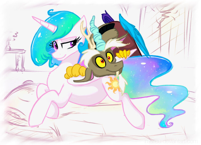 Size: 1024x740 | Tagged: safe, artist:imarieu, banned from derpibooru, deleted from derpibooru, derpibooru import, discord, princess celestia, cute, discute, dislestia, female, male, preglestia, pregnant, shipping, straight